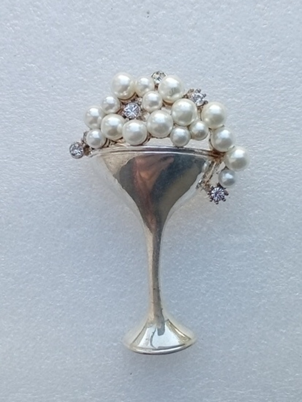 Vintage Martini or Champagne Brooch with Faux Pearl "Bubbles" & Clear Rhinestons